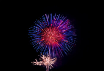 A single firework bursts in the night sky, illuminating the darkness with streaks of blue, red, and pink against a black background.