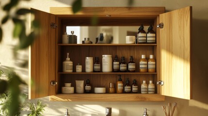 2410 99.An open wooden medicine cabinet with a mirrored front, revealing rows of neatly stacked medicine bottles and personal care items, the natural wood texture creating a warm, inviting atmosphere