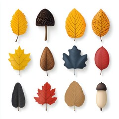 Fototapeta premium Colorful Autumn Foliage Collection: Falling Leaves, Rowan, Oak, Maple, Birch, and Acorns Isolated on Yellow Background. Vector Illustration Set.
