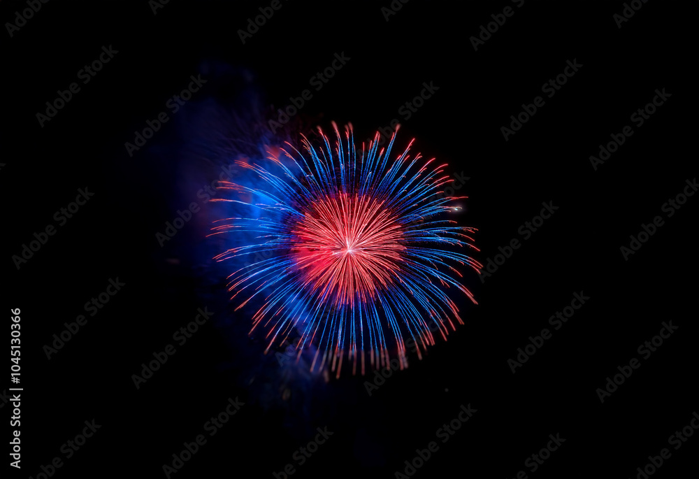 Sticker A single firework explodes in a burst of red and blue against a black background.