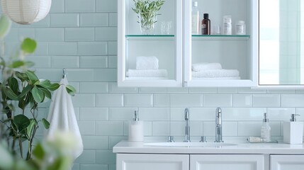 2410 88.A pristine white medicine cabinet with a soft-close door, housing multiple glass shelves for storing daily medications and personal care items, the clean aesthetic blending seamlessly into a