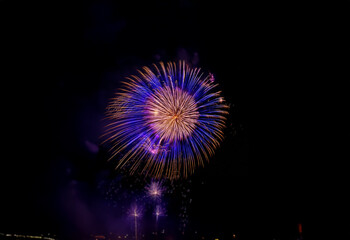 A single firework bursts in a circular pattern of blue, purple and gold against a black background.