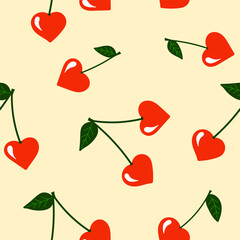 Seamless Cherry pattern with green leaf in cartoon style. Cute trendy design. Vector funky illustration. Cherries in heart shape.