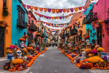 Obraz premium A street view with brightly colored buildings each decorated with da de Muertos altars and flowers, Ai Generated