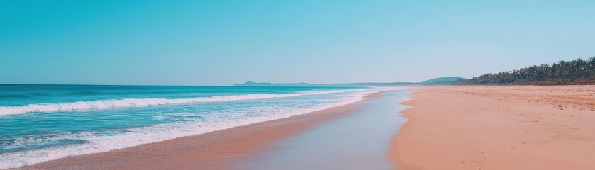 Obraz premium Serene beach with soft waves and clear blue sky capturing the essence of summer relaxation.