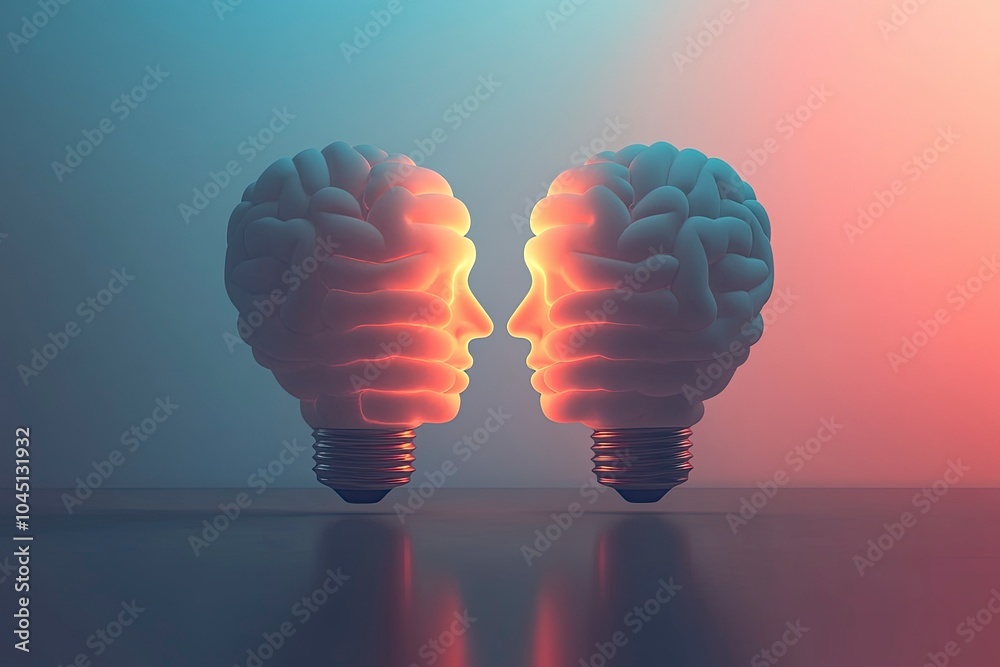 Wall mural creative unity partnership light bulb as two groups of lightbulb objects shaped as a human head join