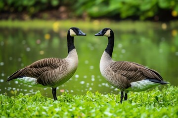 Obraz premium Nene Goose Pair in Natural Habitat. Wildlife Birds in Canada's Grasslands