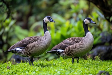 Fototapeta premium Nene Pair: Endangered Hawaiian Geese in Natural Green Habitat of Kauai