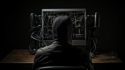 Naklejka premium Developer typing on a computer, face obscured by the back of a chair