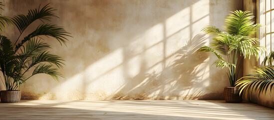 Empty brown and beige studio space featuring leaf shadows suitable for product presentations Seasonal background with a tropical flair 3D rendering