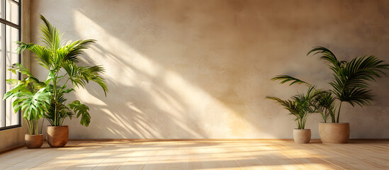 Empty brown and beige studio space featuring leaf shadows suitable for product presentations Seasonal background with a tropical flair 3D rendering