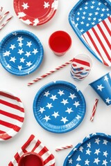 Obraz premium 30 blue and red plastic plates, straws, and cups with the American flag on a white background