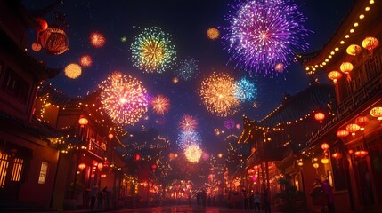 Chinese traditional spring festival fireworks and city illustration poster background