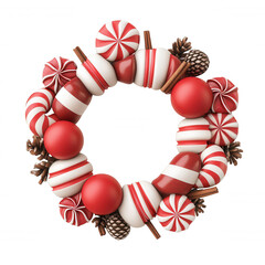 Obraz premium A festive wreath adorned with red and white decorations, including swirled candies, shiny balls, and pinecones, perfect for holiday decor.