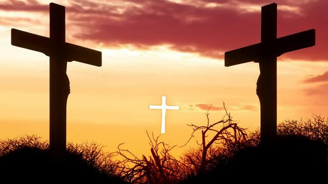 Shining cross of Christ saving sinnes from the darkness. Concept of salvation, resurrection and forgiveness. The two sinners are leaning forward to the saving light, aspiring for salvation.