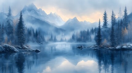 Fototapeta premium Winter solstice landscape in watercolor style, soft blues and whites with delicate snowflakes falling over a quiet forest