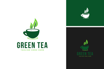 Creative cup tea with leaf logo design symbol vector illustration