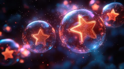 Obraz premium futuristic abstract illustration of five-star rating bubbles, glowing with vibrant colors and intricate patterns. the digital design emphasizes quality and online reviews in a modern context