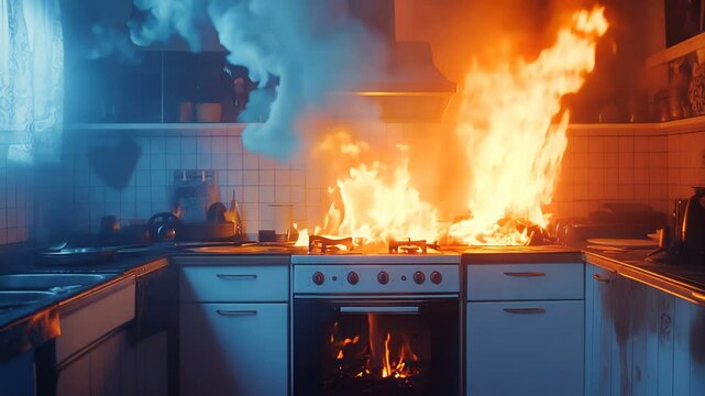 Kitchen Fire Accident Flames Erupt Uncontrollably in a Modern Kitchen Setting, Urgent Warning