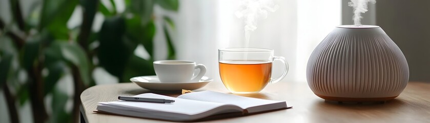 Fototapeta premium Minimalist Workspace with Herbal Tea and Wellness Accessories Promoting Mindfulness