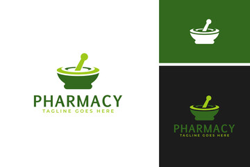 Mortar and pestle pharmacy logo design vector template illustration idea