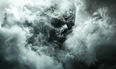 Obraz premium A ghostly skull emerges from the clouds.