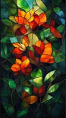 Stained glass illustrating flowers with green leaves