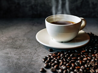 Americano coffee cup and roasted coffee beans falling in a burlap sackon gray background, Black coffee cup aromatic