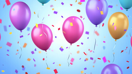A balloon background with isometric illustrations of a playful balloon party, with colorful balloons and confetti filling the air in a festive setting