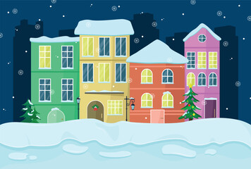 Night cityscape with European winter houses. Concept for Christmas or winter postcard.