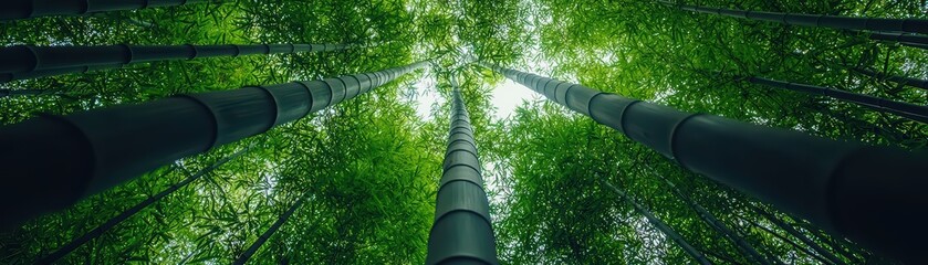 Tall bamboo stalks reach towards a bright green canopy.