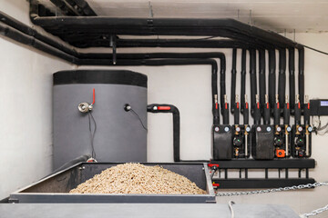 Solid Fuel Boiler with Automatic Pellets Burner and Buffer Tank with Hot Water, Pipes System,...