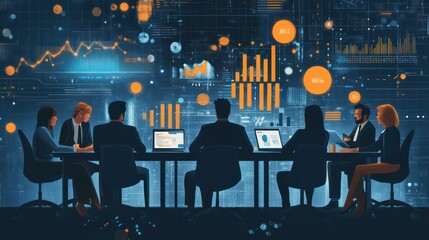 business team planning, corporate team planning a new strategy with data and charts in a professional setting illustrations