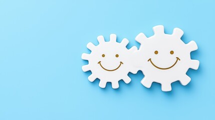 Two cartoon gears with happy faces on a blue background.