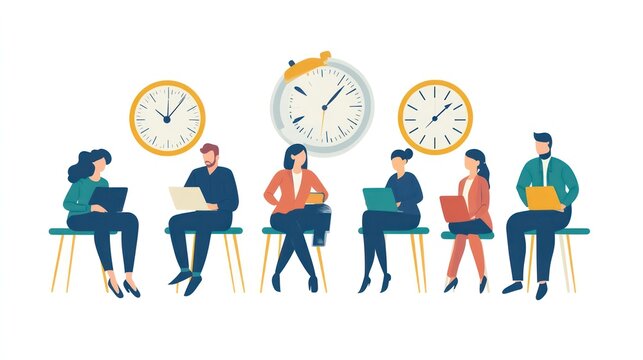 business team with flexible hours, team members working on their own schedules, balancing work-life flexibility illustrations