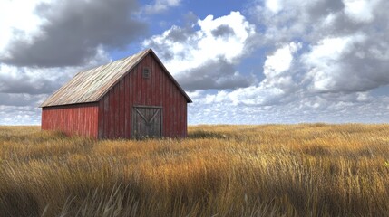 Obraz premium Old Red Barn in Rural Country Field. Vintage Farm Building in a Rustic Landscape