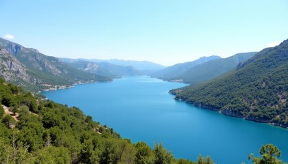  Tranquil mountain lake under a clear sky