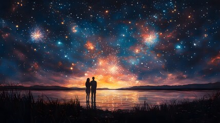 Fototapeta premium Watercolor painting of a couple watching fireworks on New Year Eve, with bright colors and shimmering night sky