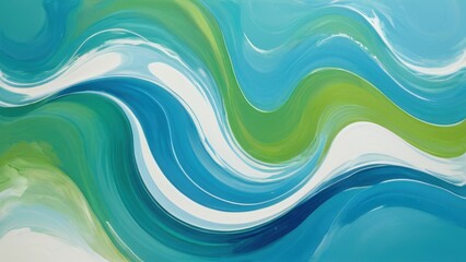 Fototapeta premium Abstract fluid waves of blue, green, and white creating a calming, flowing composition. This design evokes the serenity of water and nature, perfect for modern, minimalistic, and tranquil themes