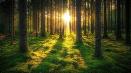 Fototapeta premium Sunbeams shining through tall trees in a peaceful forest, casting soft light on the mossy floor, creating a serene and tranquil scene