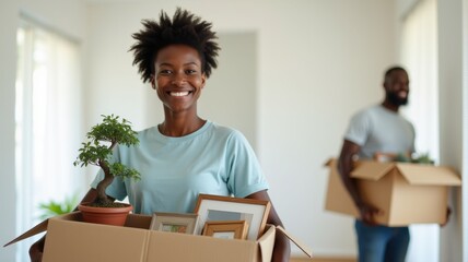 A young couple moving into a new home, the smiling woman holding a box with a bonsai and family photos, the man in the background.
