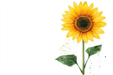 Fototapeta premium Vibrant sunflower with green leaves on a white isolated background.