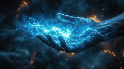 Fototapeta premium hand holding a lightning bolt against a stormy background, the blue glow illuminating the scene with dynamic energy, symbolizing power and electricity in a striking visual metaphor