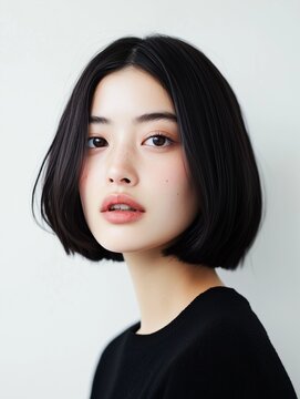Hair model woman with blunt layered bob