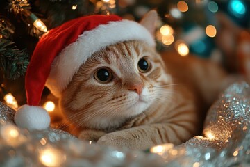 Obraz premium A close-up of a ginger cat in a red Santa hat features its alert expression, with warm Christmas lights blurred in the background.