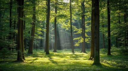 Fototapeta premium A serene forest with sunlight filtering through tall trees, casting soft, dappled light on the peaceful forest floor