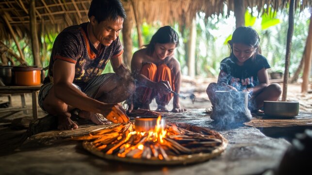Three people cooking over a fire in a hut.