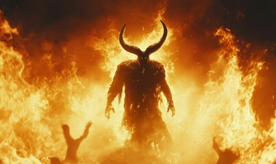 A horned demon stands in flames.