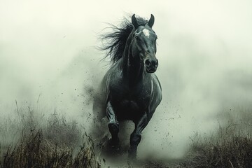 Stunning black and white photograph of a horse running, showcasing strength and grace with dynamic movement and striking contrasts