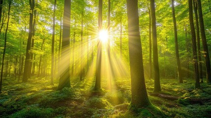 Obraz premium A tranquil forest with sunbeams filtering through the trees, casting soft light on the forest floor, symbolizing peace and natural beauty